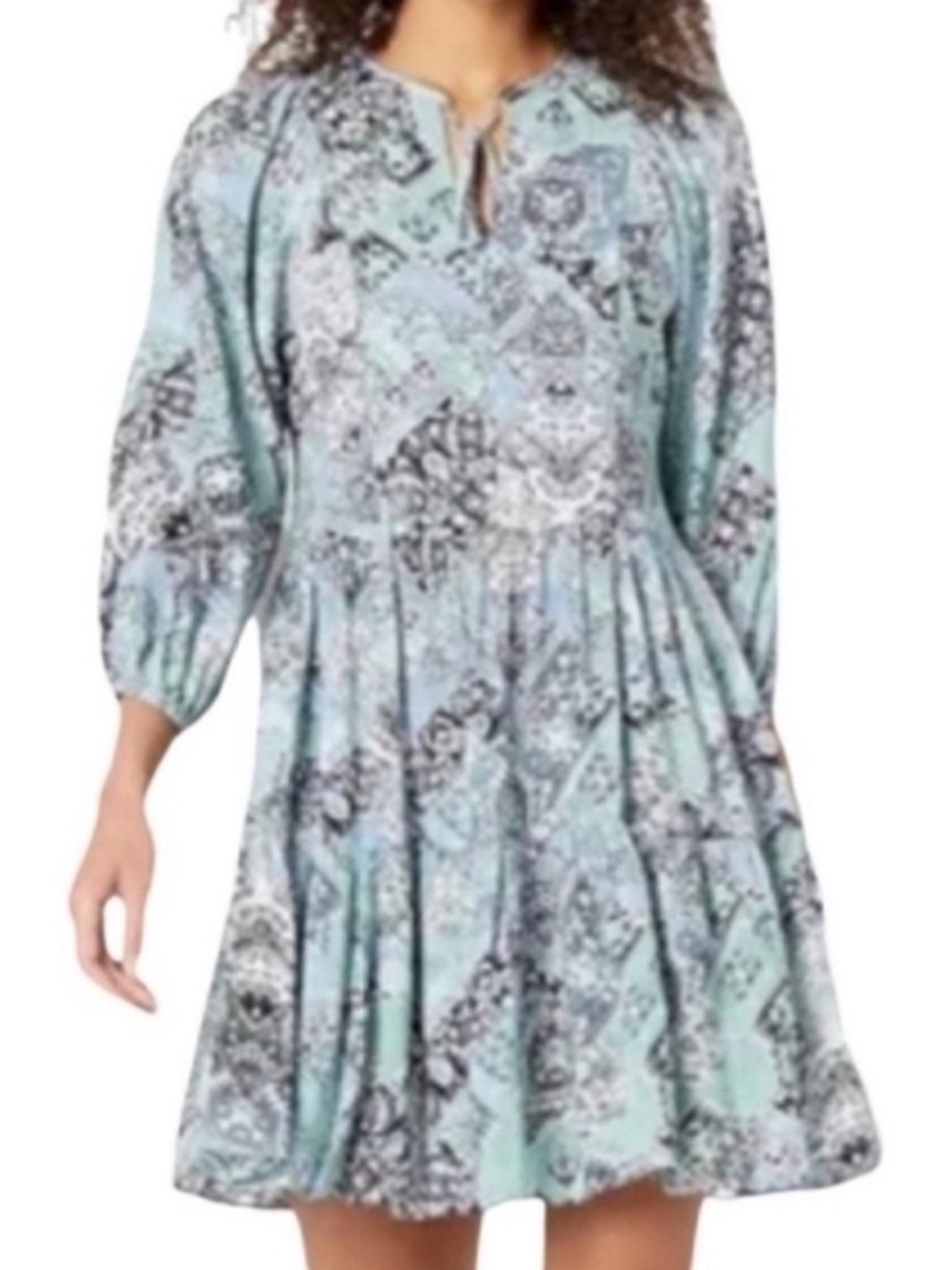 NEW Calvin Klein Peasant Sleeve Tiered Dress Abstract Print Blue Green Size 2